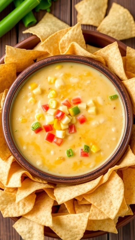 Creamy corn queso dip in a bowl with tortilla chips on the side.